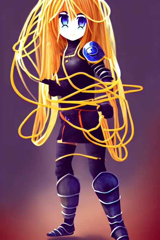 Image similar to A cute spaghetti-girl thief protagonist with leather-strap-armor and ninja weapons is exploring the tenth reality. A highly detailed fantasy character.