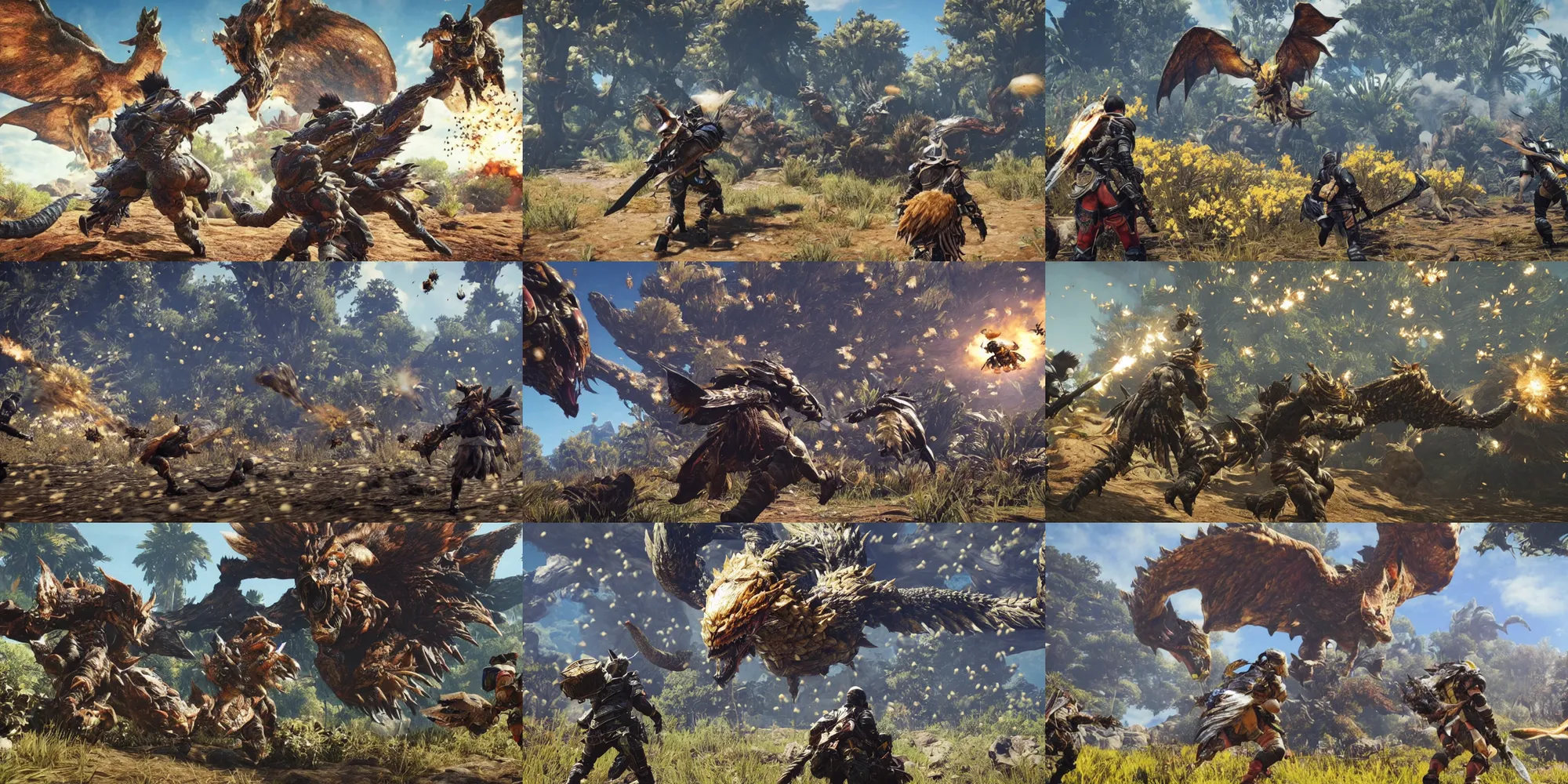 Prompt: ultra wide gameplay screenshot, monster hunter world, whole body covered in bees head to toe, world record