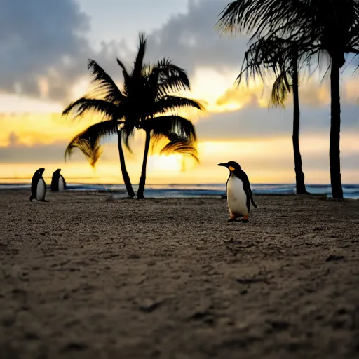 Image similar to photo of penguins on a tropical beach, palm trees, 50mm, beautiful photo