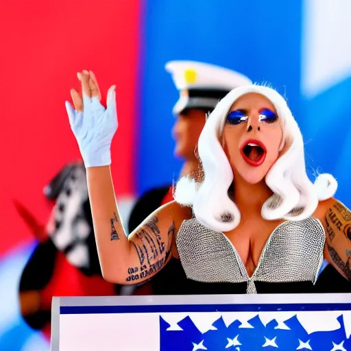 Image similar to Lady Gaga as president, Argentina presidential rally, Argentine flags behind, bokeh, giving a speech, detailed face, Argentina