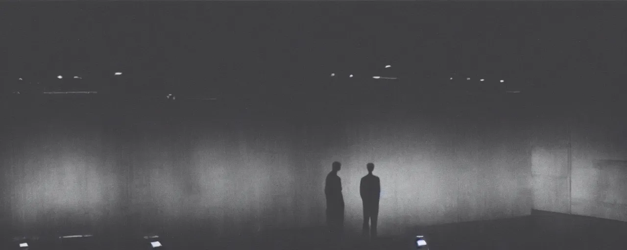 Image similar to Two male silhouettes on an empty theatre stage, polaroid picture, colour, bright