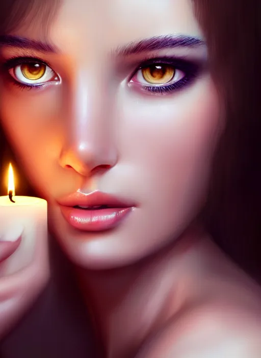 Image similar to a gorgeous female photo, professionally retouched, soft lighting, holding a candle, realistic, smooth face, perfect eyes, wide angle, sharp focus on eyes, 8 k high definition, insanely detailed, intricate, elegant, art by artgerm and wlop