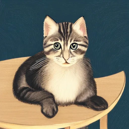 Image similar to A portrait of an attractive little kitty sitting on a table, beautiful bone structure,symmetrical facial features,elegant,highly detailed,illustration