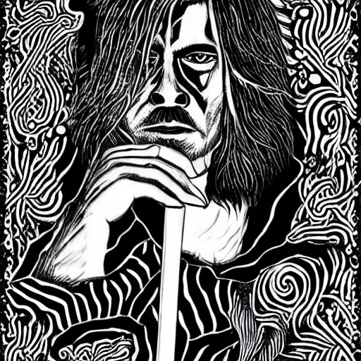 Prompt: black and white pen and ink!!!! Twin Peaks Black Lodge goetic George Harrison golden!!!! Vagabond!!!! floating magic swordsman!!!! glides through a beautiful!!!!!!! floral!! battlefield dramatic esoteric!!!!!! pen and ink!!!!! illustrated in high detail!!!!!!!! by Koyoharu Gotouge and Hiroya Oku!!!!!!!!! graphic novel published on 2049 award winning!!!! full body portrait!!!!! action exposition manga panel black and white Shonen Jump issue by David Lynch eraserhead and Frank Miller beautiful line art Hirohiko Araki