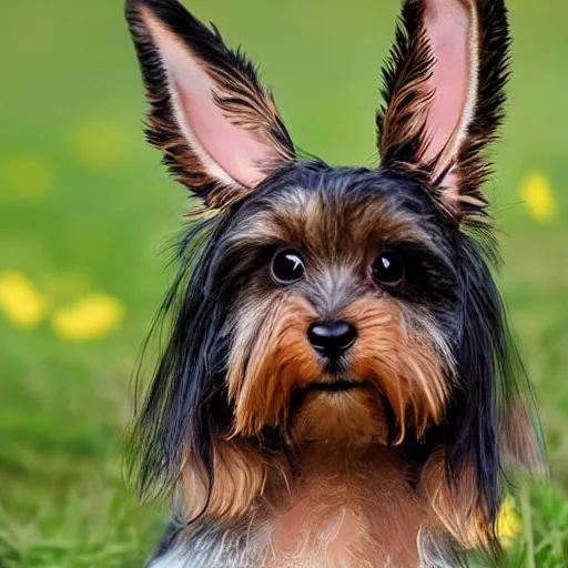 Image similar to a floppy - eared bunny and yorkie dog hybrid, bunny - yorkie, wildlife photography, realistic