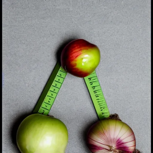 Image similar to balance scale with one apple in one side and one onion in the other