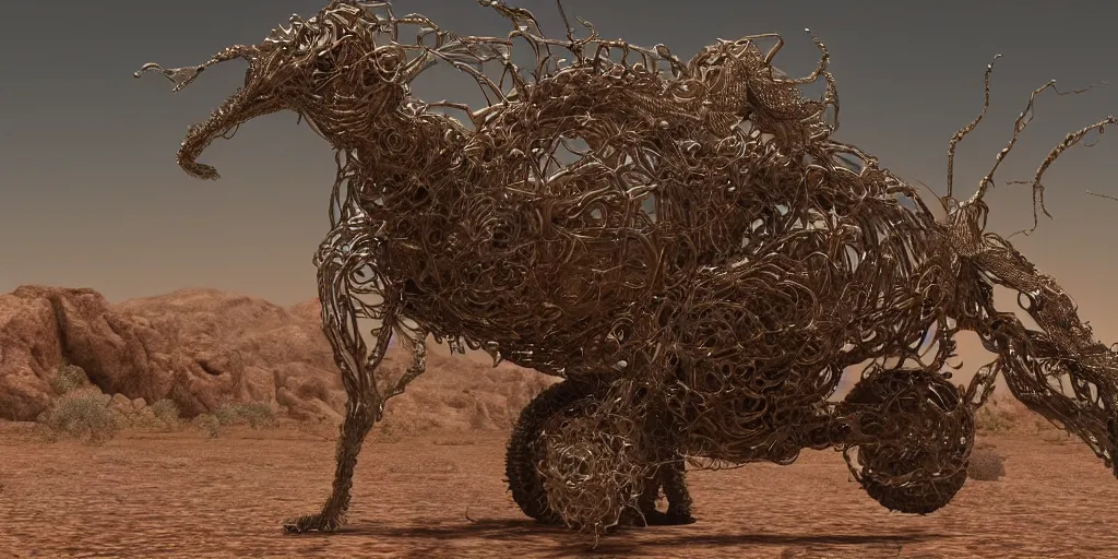 Prompt: A George Miller film, an ornate real character made out of intricate metallic filament webs and Endocrine system built out of dust and light, floating in the desert night, hyper-realism, very detailed feel, rendered in Octane, tiny points of light, caustic, 4k, beautiful lighting