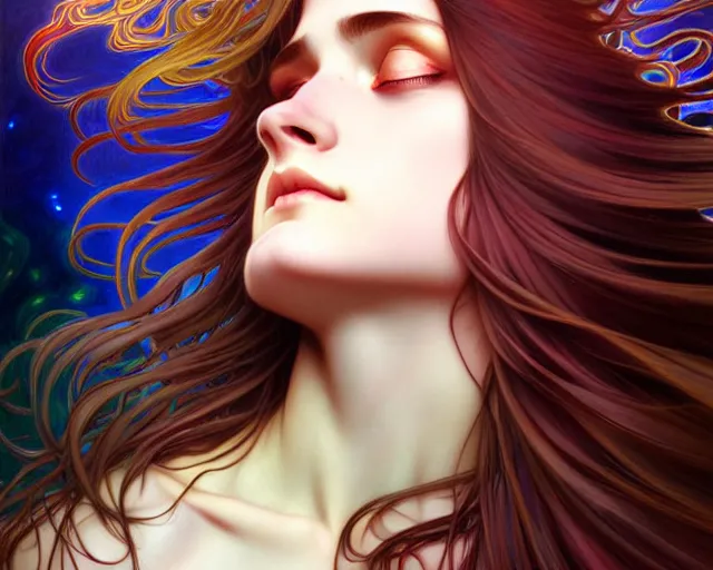 Image similar to overlord, psychedelic flowing hair, close eyes, portrait, highly detailed, deep focus, elegant, digital painting, smooth, sharp focus, illustration, ultra realistic, 8 k, art by artgerm and alphonse mucha and edgar maxence