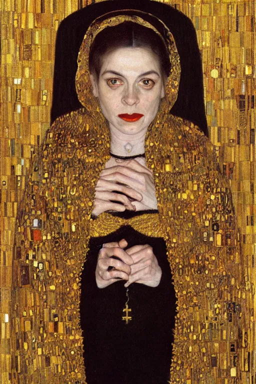 Image similar to portrait, vampire nun, opulent gold embroidered habit, art by klimt and jacek malczewski