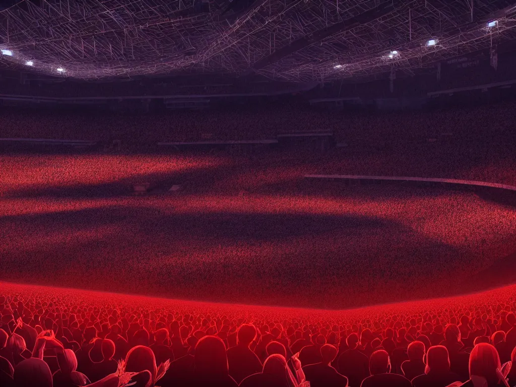 Prompt: a large concert stadium in hell, high contrast, stage lighting, pyrotechnics, ghibli animated film, volumetric lighting, octane render,