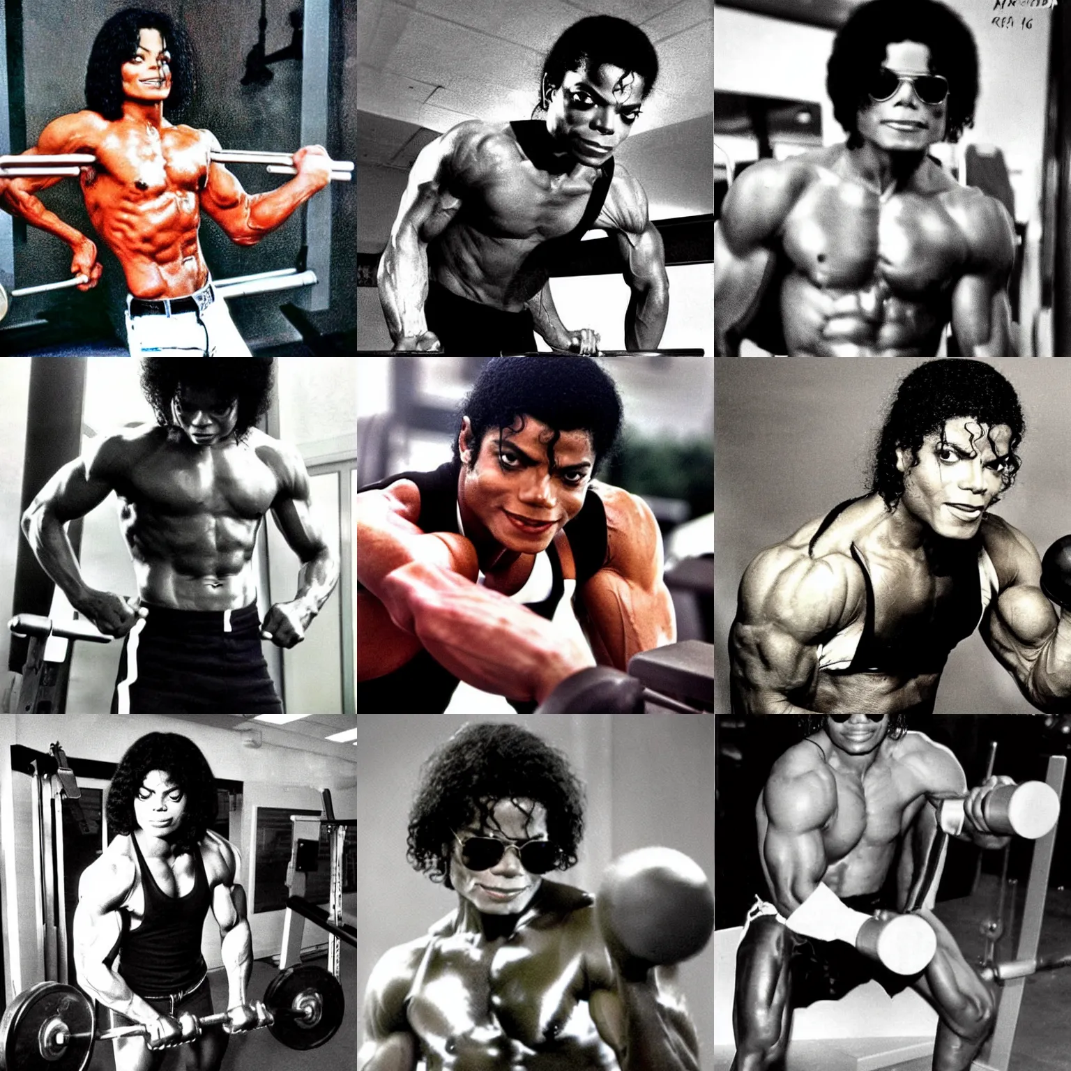 Prompt: close up!! real photograph, very muscular michael jackson pumping iron, photograph, color vintage