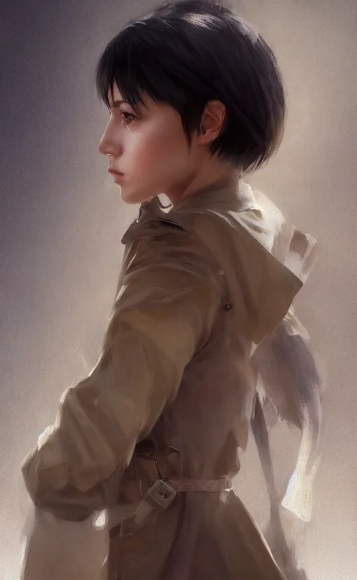 Prompt: upper body portrait of a girl from final fantasy live action, with short black hair and green eyes in a tan trenchcoat over a white shirt, award winning, masterpiece digital painting by greg rutkowski, alex grey, artstation, 4 k wallpaper,