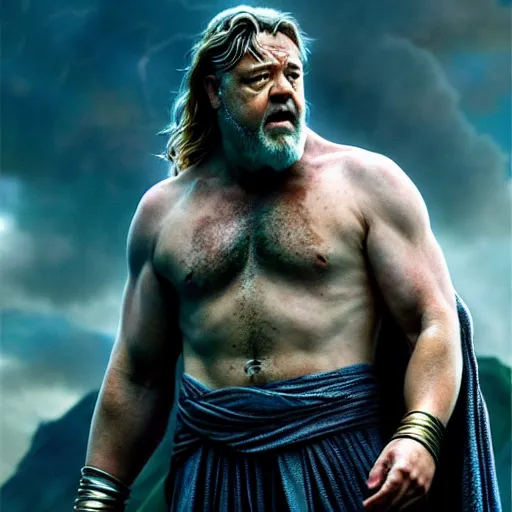 Prompt: Russell Crowe as zeus in a Marvel movie by nuri iyem, james gurney, james jean, greg rutkowski, anato finnstark. hyper detailed, 50mm, award winning photography.