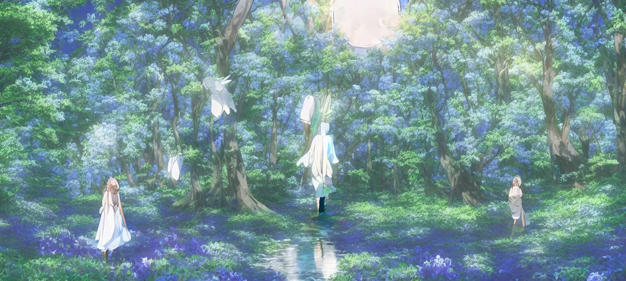 Image similar to illyasviel walking through enchanted ghibli clover | Big Moon at Blue Night | Trees with white flowers | bioluminescent blue FLOWERS | strong blue rimlit | visual-key | anime illustration | highly detailed High resolution | Light Novel | Visual Novel | In the style of Miyama-Zero, Yuuki Hagure