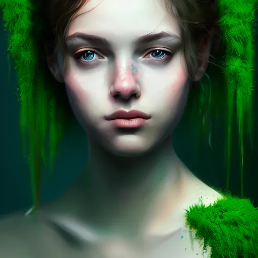 Image similar to a portrait of a girl covered in moss, face, intricate, elegant, highly detailed, digital painting, artstation, concept art, smooth, sharp