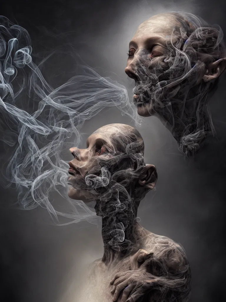 Prompt: my head is a smoke sphere. artwork, surrealist, metaphysical, metaphorical, ephemeral, atmospheric, symbolic art cameron gray, rendered in unreal engine, cgsociety, 8 k, sharp details, uhd