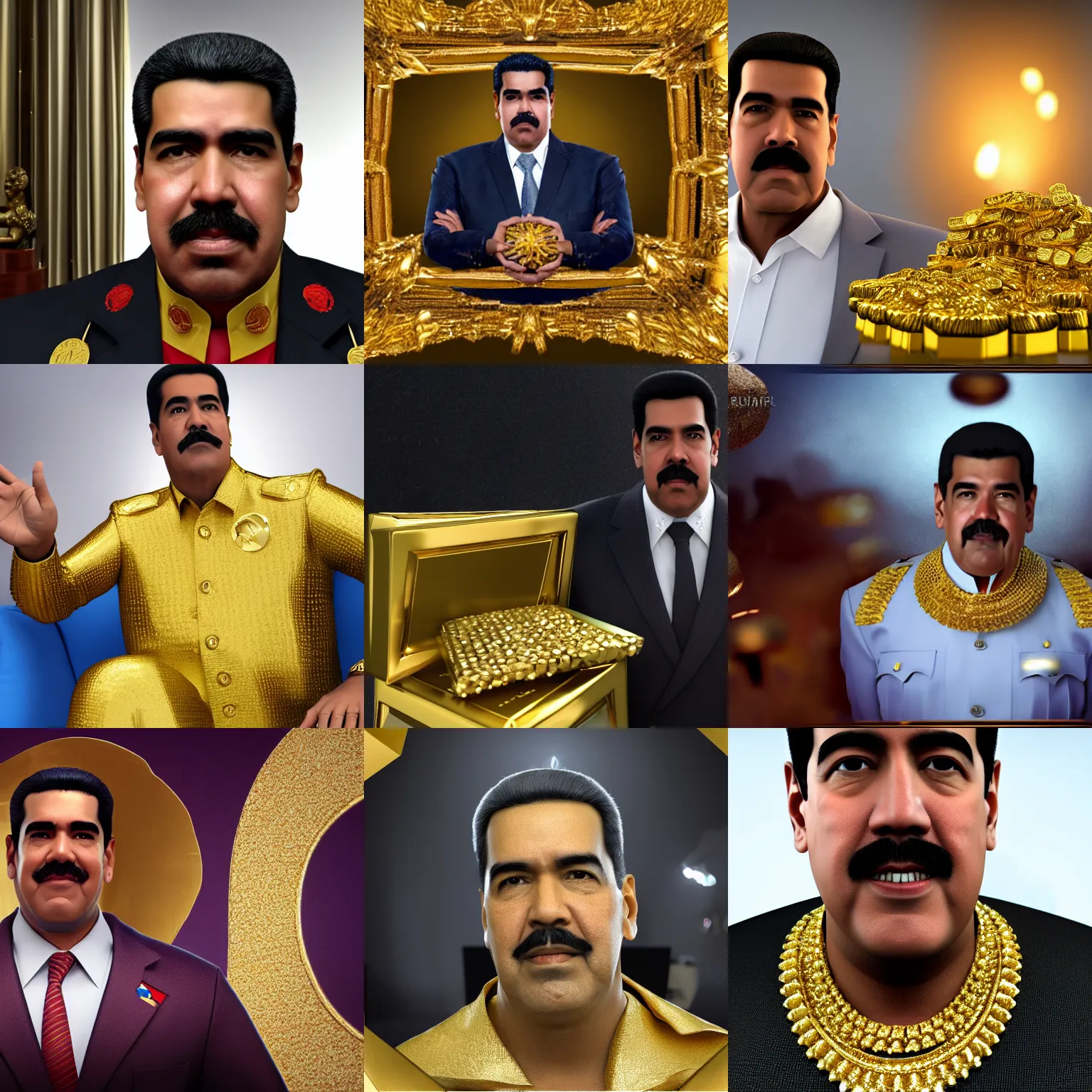 Prompt: a still of nicolas maduro surrounded by gold and diamonds, award - winning, photograph, 3 d render, unreal engine, 4 k detailed