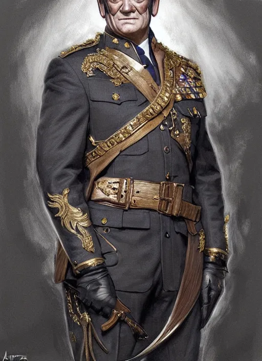 Image similar to portrait of supreme leader john wayne, royalty, extravagant, lord, full body, military uniform, fantasy, intricate, elegant, beautiful, highly detailed, charcoal, centered, dark, smokey, digital painting, artstation, concept art, art by artgerm and greg rutkowski and alphonse mucha