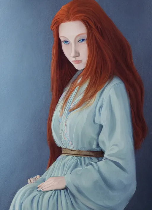 Image similar to a portrait of a young woman with ginger hair and light blue eyes wearing a traditional silk dress with very long sleeves. she looks at the viewer with a curious, witty expression. beautiful painting of shallan davar by jia ruan.