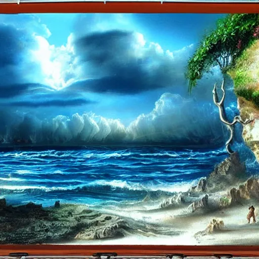 Prompt: a beautiful detailed landscape matte painting of blue ocean