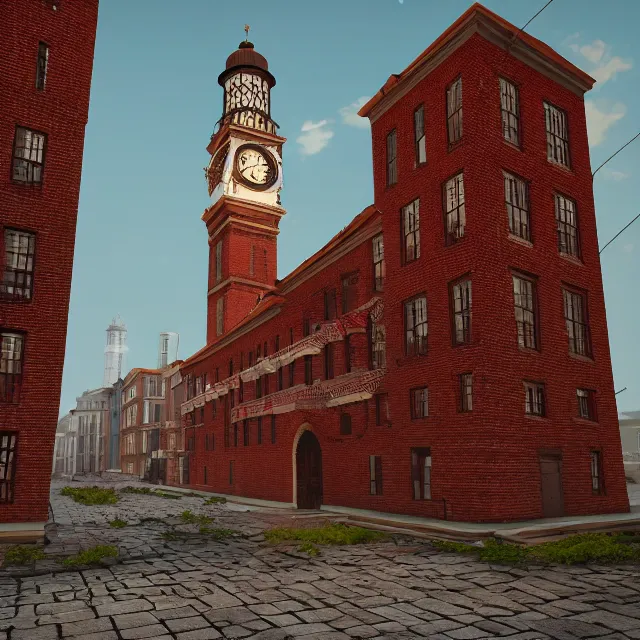 Image similar to georgian style brick clock tower colonial city with tall strange buildings, volumetric, realistic, cinematic lighting, ray tracing, unreal engine 5, octane render, hyper realistic, photo, 8 k