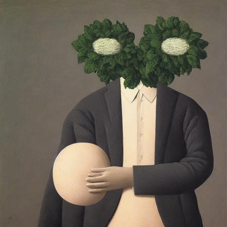 Image similar to portrait of a faceless beautiful flower - head man by rene magritte, detailed painting, distance, centered, hd, hq, high resolution, high detail, 4 k, 8 k