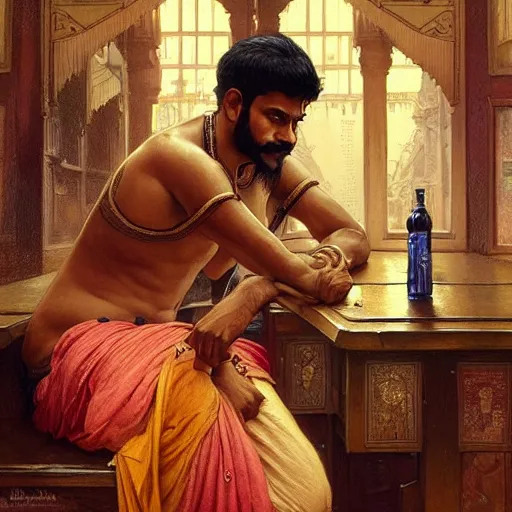 Image similar to an indian man and a chav in a pub, real life skin, intricate, elegant, highly detailed, artstation, concept art, smooth, sharp focus, art by artgerm and greg rutkowski and alphonse mucha