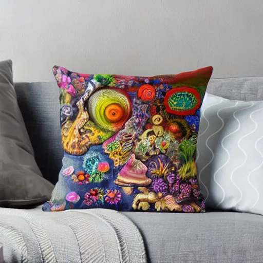 Image similar to psychedelic trippy couch in forest, planets, flowers, mushrooms milky way, sofa, cartoon by giuseppe arcimboldo