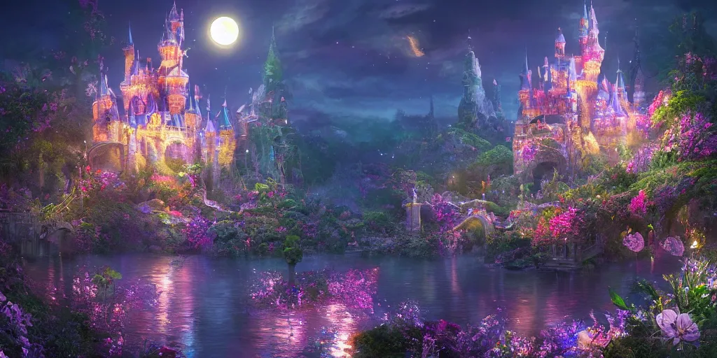 Image similar to a single glittering fairy castle at night, a full moon, water and colourful flowers, extremely detailed oil painting, unreal 5 render, fantasy digital art, octane render, beautiful composition, trending on artstation, award-winning photograph, masterpiece