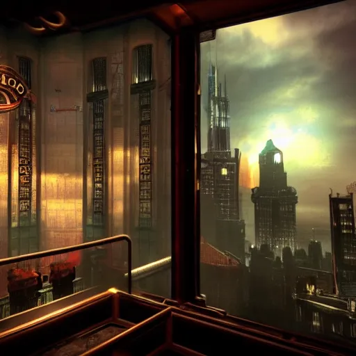 Image similar to In the world of rapture from the world of bioshock you are in a bar, there is a window that lets you see the whole city and you are drinking a rum and coke