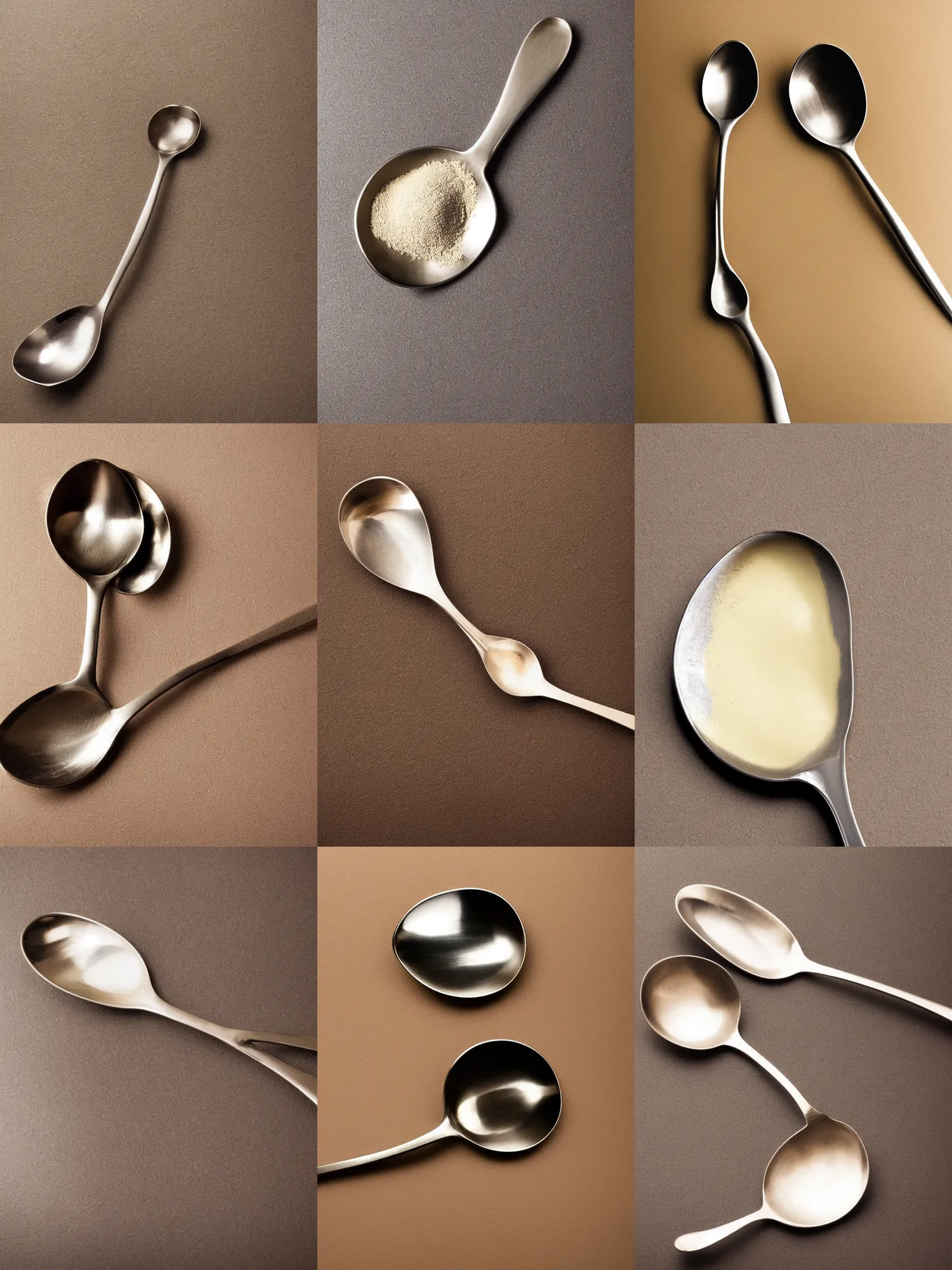 Prompt: framed stock picture of single stainless steel spoon, slightly rotated along its major axis, late nineties to early two - thousands, beige to creme background