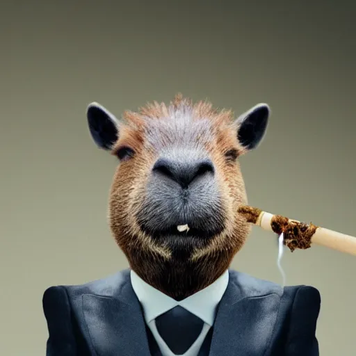 Image similar to a high detail photo of an antropomorphic capybara wearing a suit smoking a cigarrette, subject= duck, subject detail: wearing a suit, subject action: smoking a cigarrette photorealism