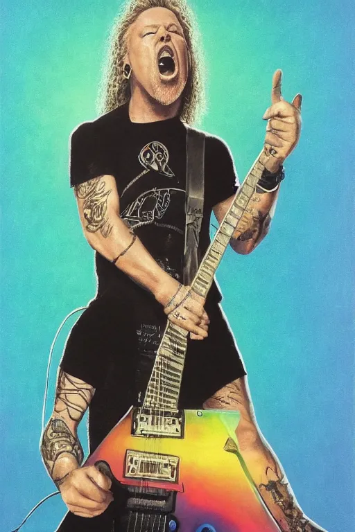 Image similar to hyperrealism, fluorescent james hetfield from metallica singing and playing an electric guitar and floating in indigo space with light blue brutalist architecture in the horizon, realistic face, photorealistic, vivid colours, cinematic, 4 k, high resolution