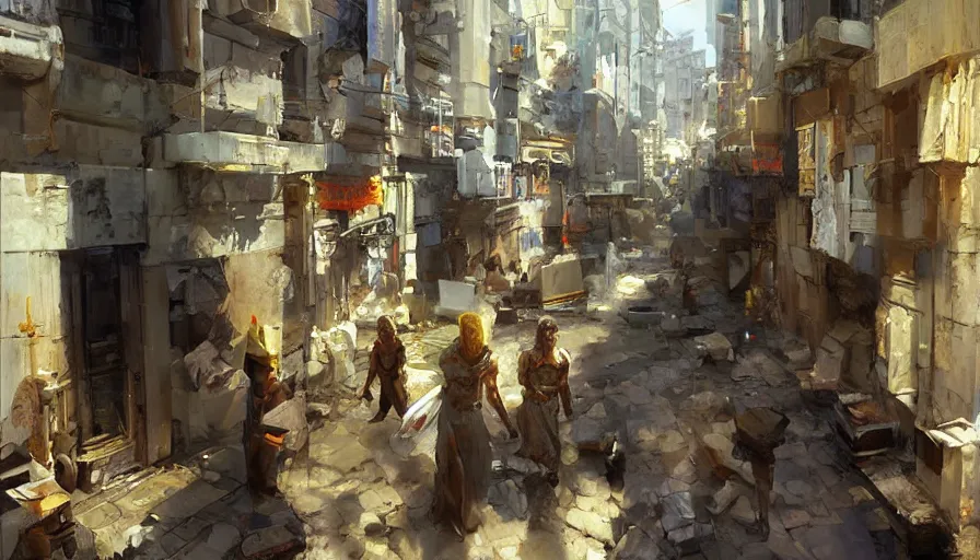 Prompt: streets of a city inspired by ancient greece, people, vibrant, low angle shot, art by craig mullins