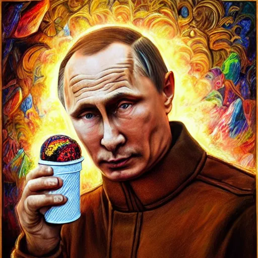 Image similar to portrait of ( ( ( vladimir putin ) ) ) inapocalyptic russia with icecream, hyperrealistic, digital concept art, sharp focus, 3 5 mm film, caricature illustration, art by magic realism, art by josephine wall, art by huang guangjian, art by viktoria gavrilenko, art by amanda sage, trending on artstation