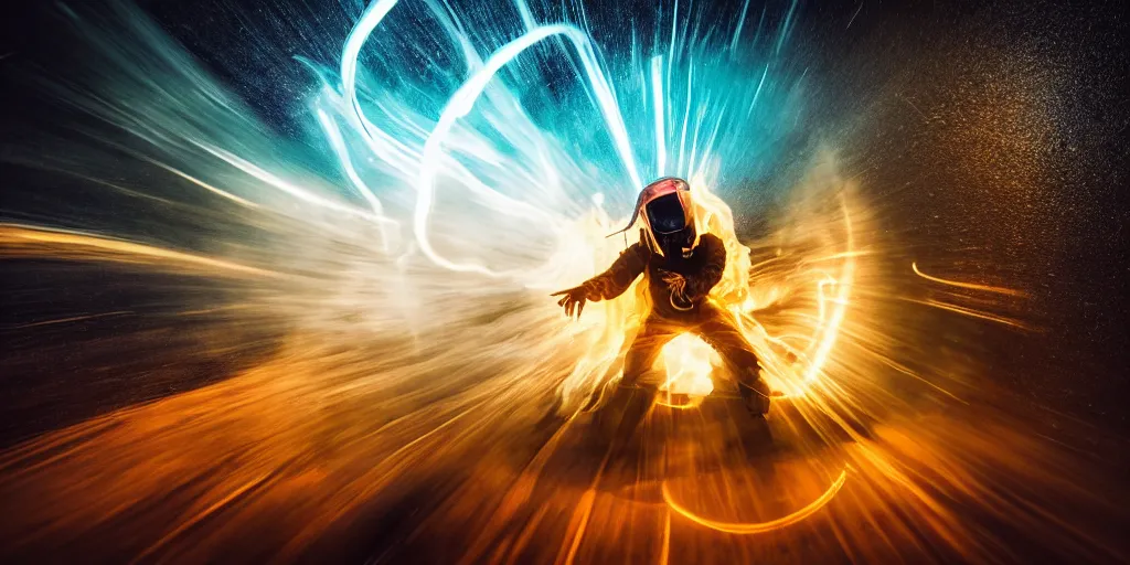 Image similar to VHS music video fisheye slow motion with lines of fire and smoke effect through a portal of futuristic break dancer wearing long dark cloak and golden helmet emitting fire and crystals, long exposure shot , enigmatic, at night half submerged by water, paddle of water, steam, fog, water splashes, rim lights, glossy reflections, water droplets on lens, octane render, Volumetric dynamic lighting, stunning cover magazine, high details, hajime sorayama