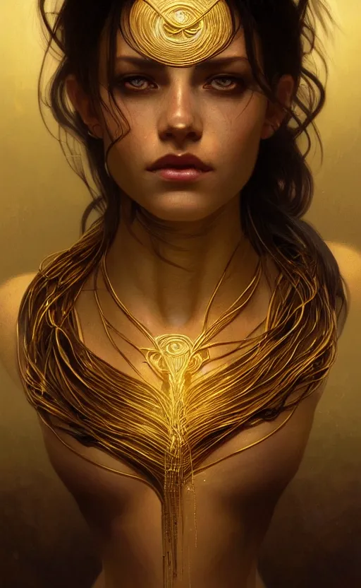 Image similar to portrait of a dark goddess, gold wires, visible veins, intricate, headshot, highly detailed, digital painting, artstation, concept art, sharp focus, cinematic lighting, illustration, art by artgerm and greg rutkowski, alphonse mucha, cgsociety