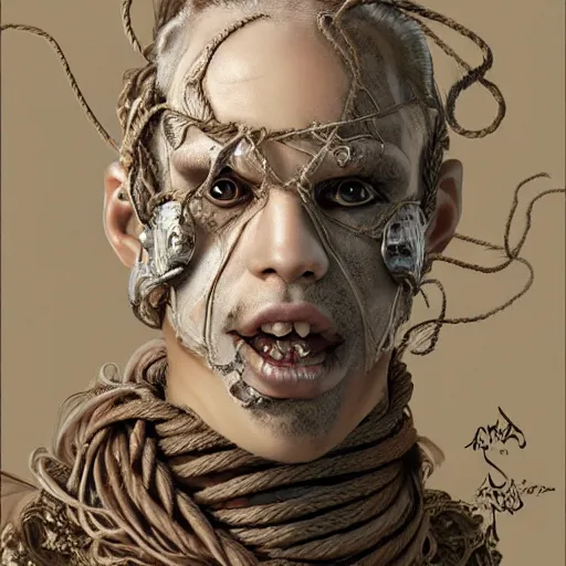 Image similar to portrait of a Shibari rope wrapped face and neck, headshot, insanely nice professional hair style, dramatic hair color, digital painting, of a old 15th century, old cyborg merchant, amber jewels, baroque, ornate clothing, scifi, realistic, hyperdetailed, chiaroscuro, concept art, art by Franz Hals and Jon Foster and Ayami Kojima and Amano and Karol Bak,