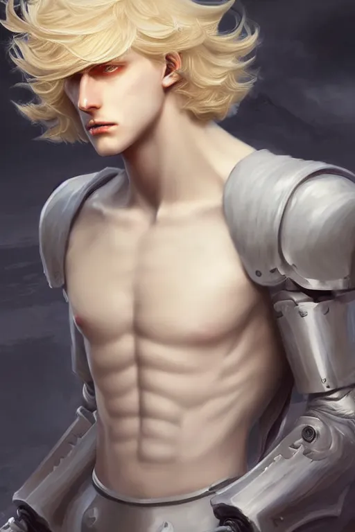 Image similar to digital art of a pale menacing male Cyborg Angel of Battle with fluffy blond curls of hair and piercing eyes, johan liebert mixed with Dante, central composition, he commands the fiery power of resonance and wrath, very very long blond curly hair, baroque curls, by WLOP, Artstation, CGsociety