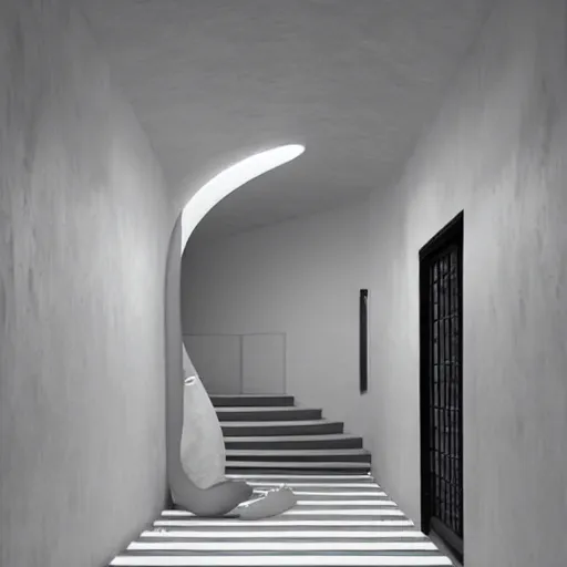 Prompt: an underground pool that leads into a curved hallway, all white ceramic tiles, dark lighting, surreal, liminal space,