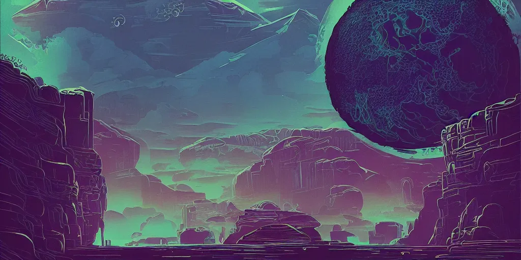 Image similar to a lovecraftian cinematic isograph print of a aetherpunk planet by alena aenami in the style of art - deco art, very, very aesthetic