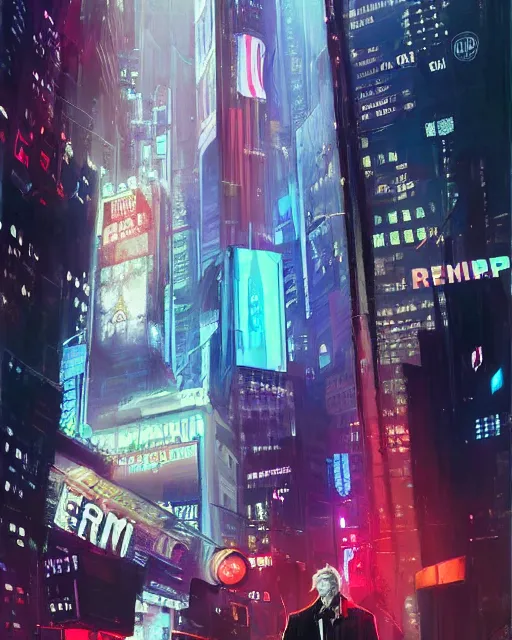 Image similar to donald trump posing in front of the nyse, cyberpunk atmosphere, neon lights, portrait, illustration, rim light, top light, perfectly shaded, spring time, slight overcast lighting, soft painting, art by krenz cushart and wenjun lin