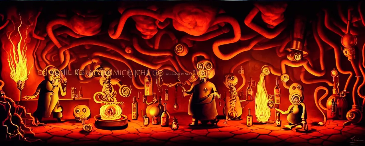 Image similar to uncanny alchemist chthonic creatures inside a fiery alchemical lab within the left ventricle of a human heart, dramatic lighting, surreal 1 9 3 0 s fleischer cartoon characters, surreal painting by ronny khalil