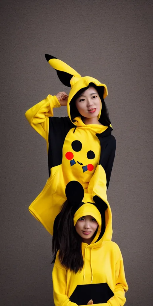 Image similar to A asian girl wearing a Pikachu hoodie, cosplay, studio ilumination, professional, trend in Instagram, 4k