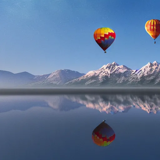 Prompt: realistic extremely detailed photo of a hot air balloon flying above a beautiful reflective mountain lake, two black swans swimming in the lake, touching heads, forming a heart with their necks, granular detail, holographic krypton ion, octane render, 4k, f32,55mm photography, wide angle