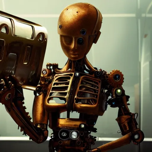 Image similar to a rusting female android holds a broken toaster in her arms, steampunk, android with gears and springs falling out, highly detailed robotic anatomy, high resolution film still, movie by Denis Villeneuve