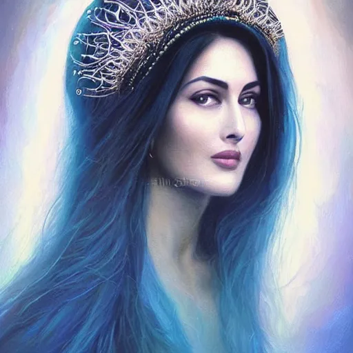 Image similar to Beautiful face Portrait of smiling young hindu Monica Bellucci, really big blue ocean color huge eyes, blue indygo thunder lightning, long wavy black hair, white veil, magic blue fire, focus face, dramatic lighting, intricate, India, wild, highly detailed, digital painting, artstation, concept art, smooth, sharp focus, illustration, art by artgerm and greg rutkowski and alphonse mucha, footage from space camera