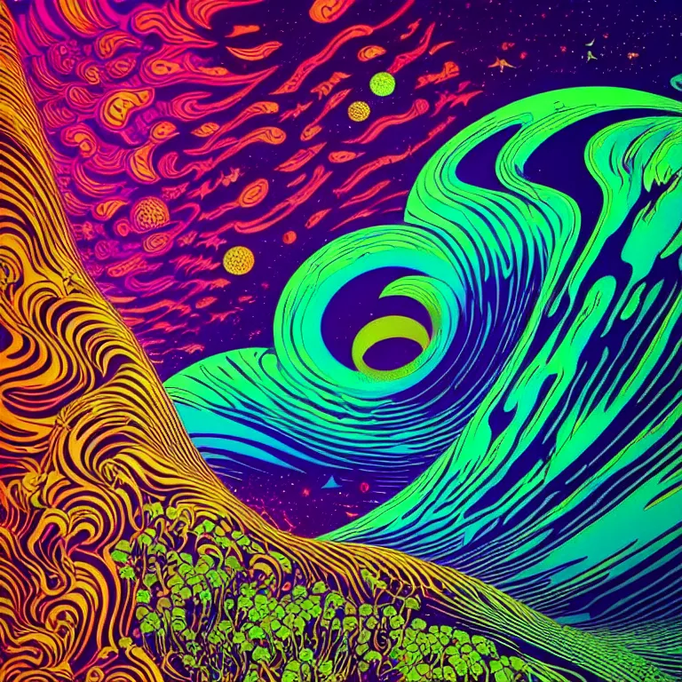 Prompt: mysterious edge of interstellar space, psychedelic waves, synthwave, bright neon colors, highly detailed, cinematic, eyvind earle, tim white, philippe druillet, roger dean, ernst haeckel, lisa frank, aubrey beardsley