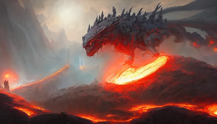 Image similar to a beautiful digital fantasy concept art of a giant electric cyborg dragon sitting on a molten rock, concept art by tyler edlin, james gurney, highly detailed, oil on canvas