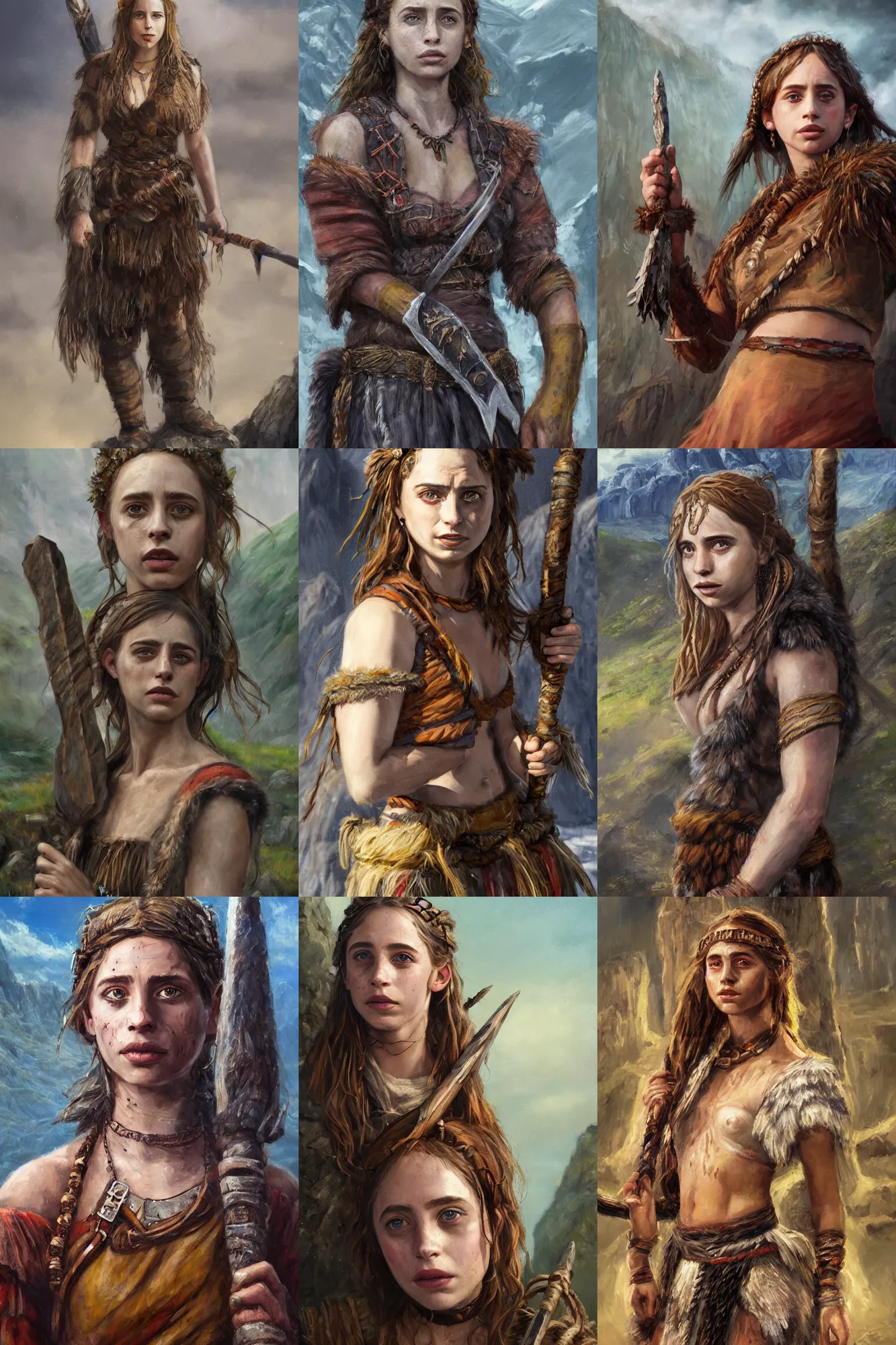 Prompt: a full body high detail fantasy portrait oil painting illustration of maya hawke as a beautiful rugged stoic barbarian woman by justin sweet with face and body clearly visible, in a scenic background, pupils visible, realistic proportions, d & d, rpg, forgotten realms, artstation trending, high quality, sombre mood, artstation trending, muted colours, entire person visible!, natural light,